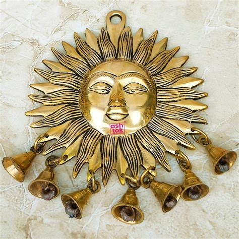 Brass Sun Design Wall Hanging Bells with Antic Design, Brass Surya Dev ...