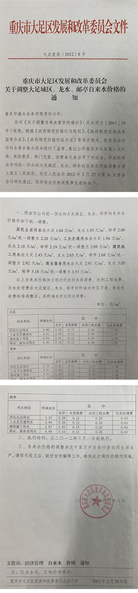 大足区水费收费的文件以及二次供水收费的文件-重庆网络问政平台