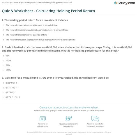 Quiz & Worksheet - Calculating Holding Period Return | Study.com