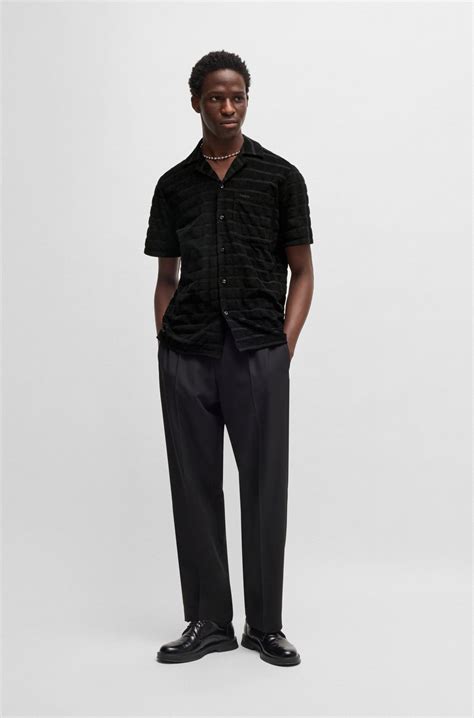 HUGO - Relaxed-fit shirt in striped cotton towelling - Black