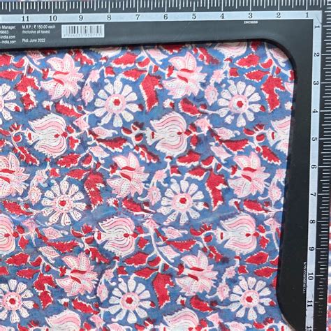 Pure Cotton Jaipuri Greyish Blue With Pink Flower Jaal Hand Block Prin ...