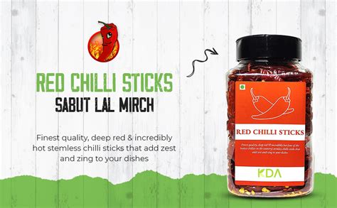 KDA Dried & Stemless Red Chilli Sticks (Sabut Lal Mirch), 100 grams ...