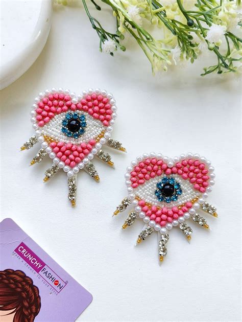 Evil Eye Heart Earrings: Pink-White Handmade Jewelry for Women