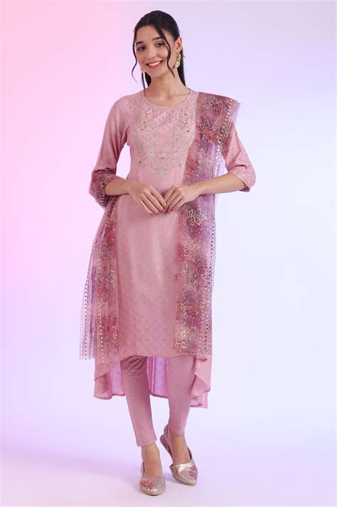 Buy Purple Embroidered Asymmetrical Kurta with Leggings & Dupatta Set ...