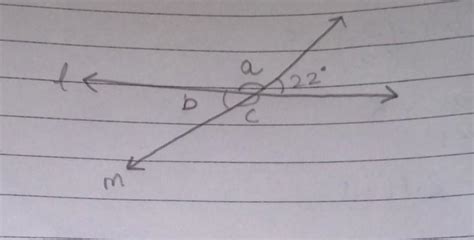 In the adjacent figure two line l and m intersect at o find a, b,c ...