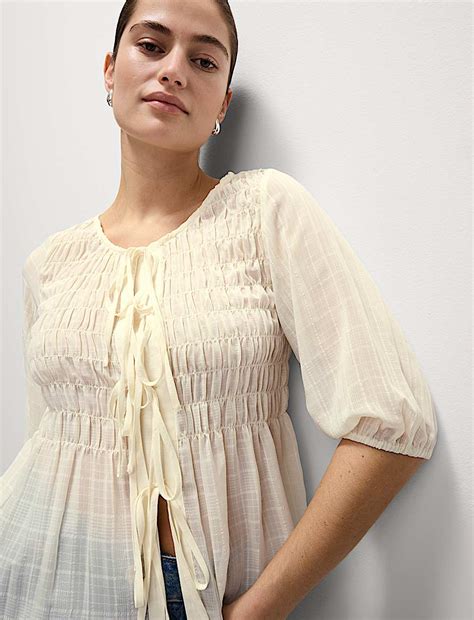 Buy Round Neck Tie Front Shirred Blouse at Marks & Spencer