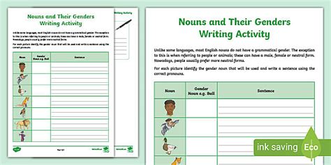 Nouns and Their Genders Writing Activity