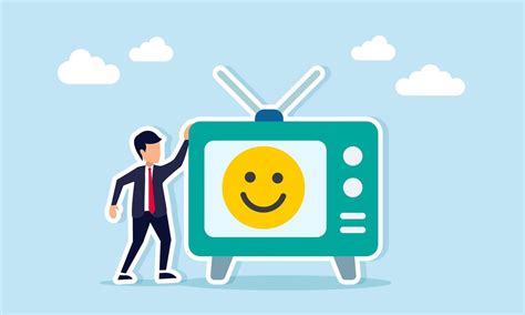 Businessman standing beside television showing happy emoticon ...