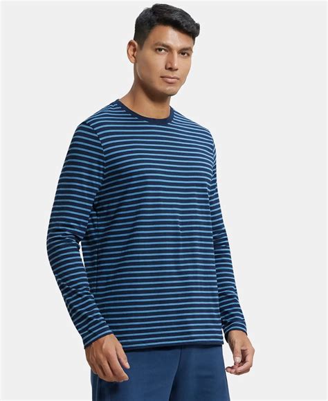 Buy Super Combed Cotton Rich Striped Round Neck Full Sleeve T-Shirt ...
