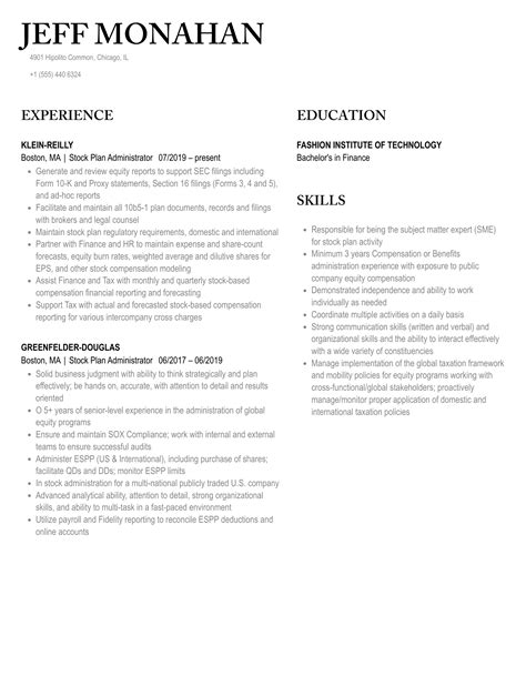 Stock Plan Administrator Resume Samples | Velvet Jobs