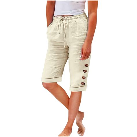 REALiKUN Elastic Waist Linen Shorts Women Knee Length Shorts Button ...