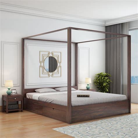 Solivo Solid Sheesham Wood Poster Bed With Four Drawers (Queen Size, W ...