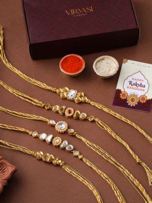 Buy VIRAASI Set Of 5 Gold-Toned Kundan Rakhi For Brother With Roli ...