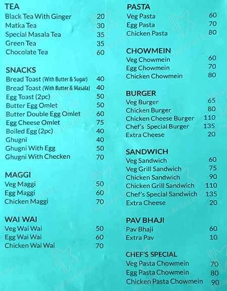 Menu at Tea Break, Siliguri