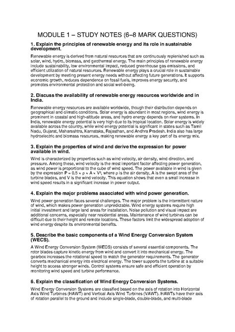 Module 1 Study Notes: Renewable Energy & Wind Power (6-8 Marks) - Studocu