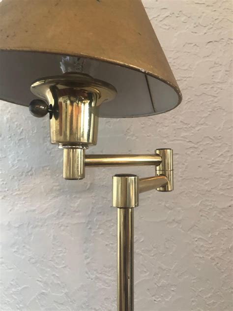 Vintage Polished Brass Swing-Arm Floor Lamp with Gold Leaf Paper Shade ...