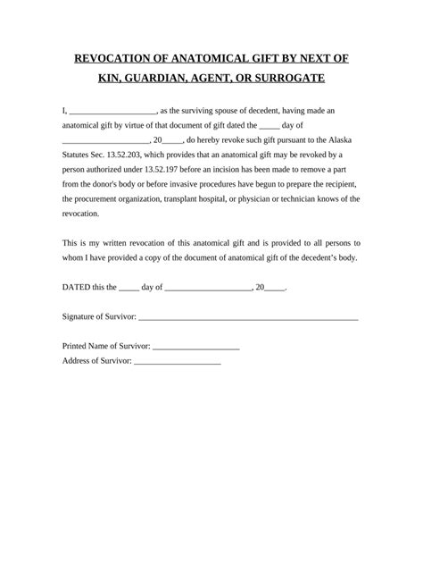 Anatomical Gift Revocation Form - Blank Fillable Template | Fill Out ...