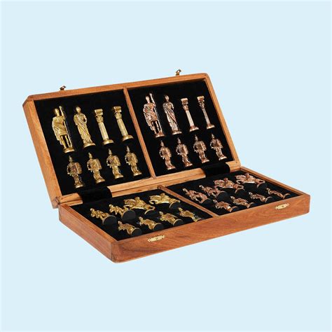 The Bombay Store Wooden Foldable Chess Set Box with Brass Coins