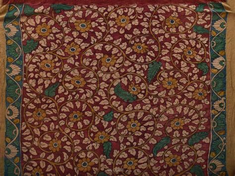 Maroon Bandhani Kalamkari Hand Painted Tussar Handloom Saree with Zari ...