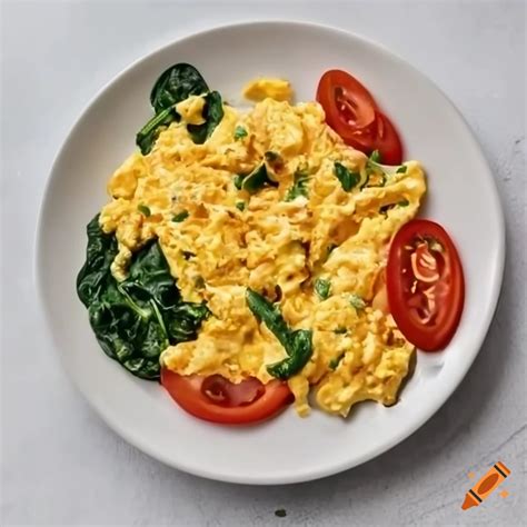 Scrambled eggs with spinach and tomato slices