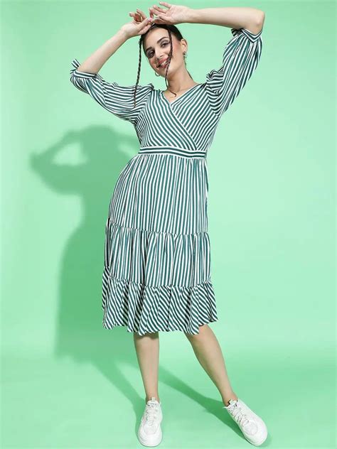 All Green Stripe Print Women Knee Length women Dress – oxolloxo