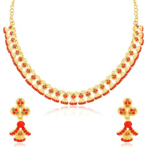 Sukkhi Attractive LCT and Red Stone Gold Plated Necklace Set Combo for ...