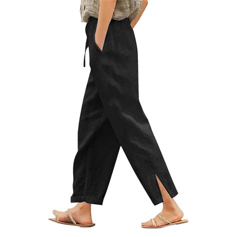 Women Pants Casual Work Linen High Waist Boho Wide Leg Cropped Palazzo ...