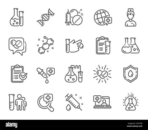 Medical healthcare line icons. Drug testing, scientific discovery and ...