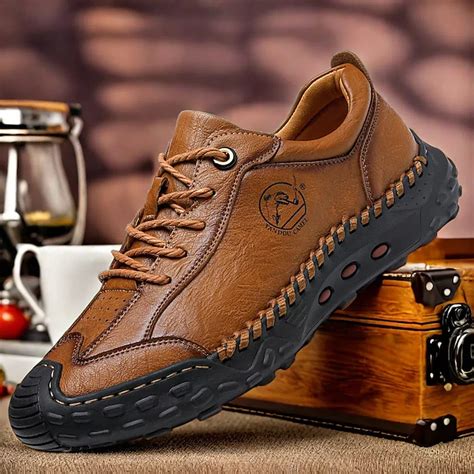 Men's Brown Faux Leather Casual Shoes with Handcrafted Stitching and ...
