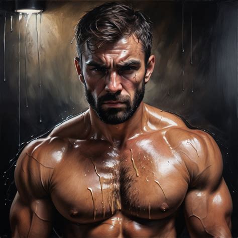 Muscular man with oiled, dripping, hairy, glistening...