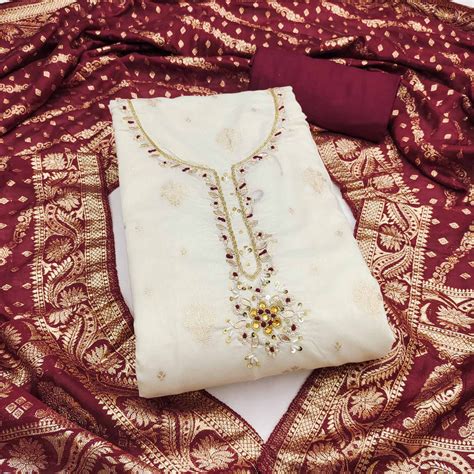 Off White & Maroon Beads Work Cotton Silk Dress Material in Weaving St
