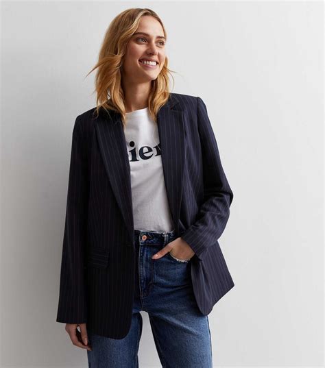 Navy Pinstripe Blazer | New Look | Blazer outfits for women, Striped ...