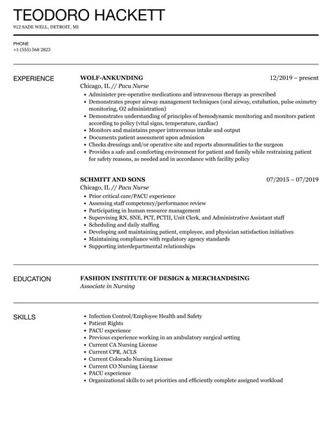 Pacu Nurse Resume Samples | Velvet Jobs