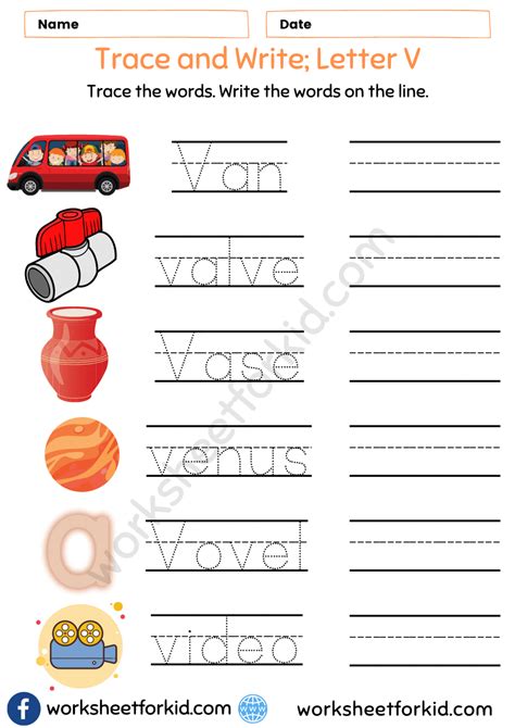 Trace and Write Words Worksheet-Letter V - WorksheetForKid
