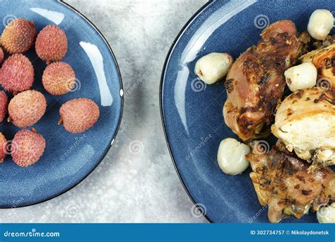 Roasted Chicken Pieces with Lychee Stock Image - Image of fried, litchi ...
