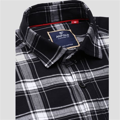 5thanfold Men's Formal Pure Cotton Full Sleeve Checkered Black Slim Fi ...
