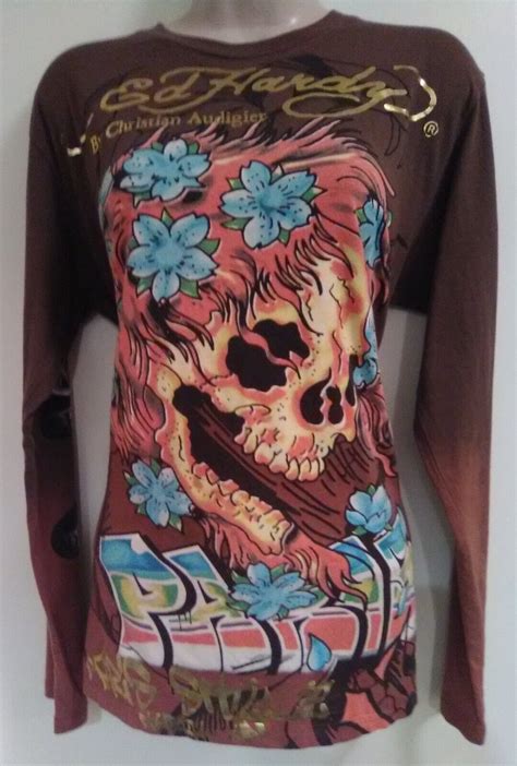 Ed Hardy Brown Long Sleeve Skull Graphics t-shirt Rare Find | eBay | Ed ...