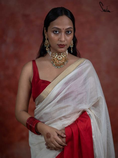 Handwoven Cotton Silk Red White Saree|Seeking Saraswati|Suta