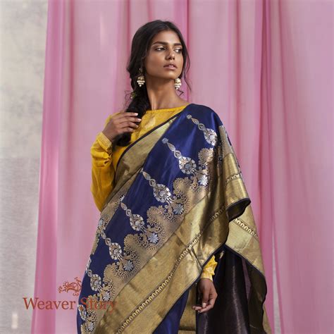 Handwoven Blue Chanderi Silk Saree with Gold and Silver Zari Border ...