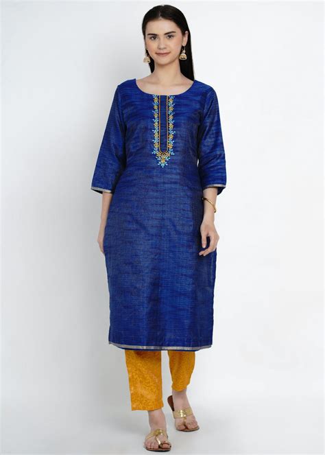 Get Blue Kota Chanderi Embroidered Kurta with Contrast Brocade Pants at ...