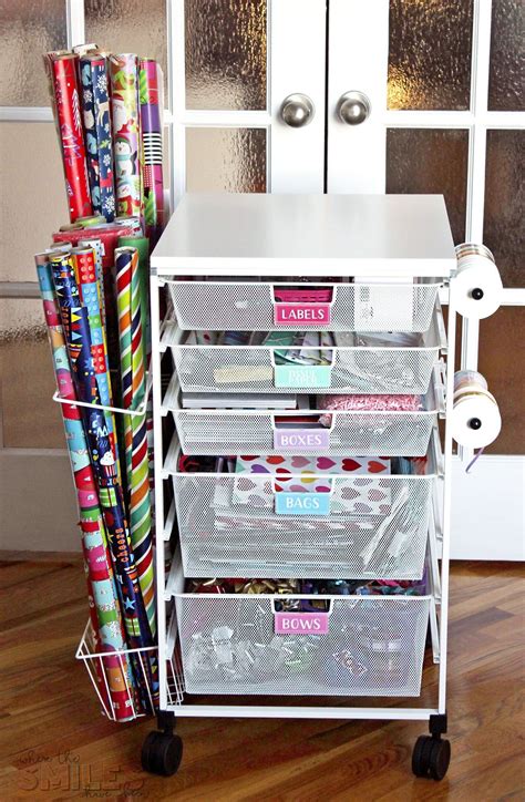 Gift Wrap Organizer Cart with Colorful DIY Drawer Labels | Gift wrap ...