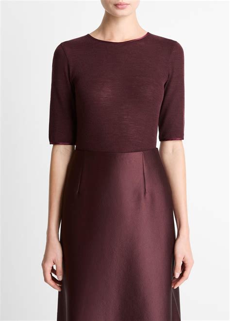 Satin-Trim Wool Elbow-Sleeve T-Shirt in Short Sleeve | Vince