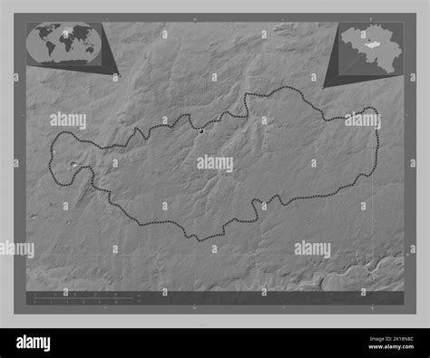 Brabant Wallon, province of Belgium. Grayscale elevation map with lakes and rivers. Corner ... - elevation map of belgium