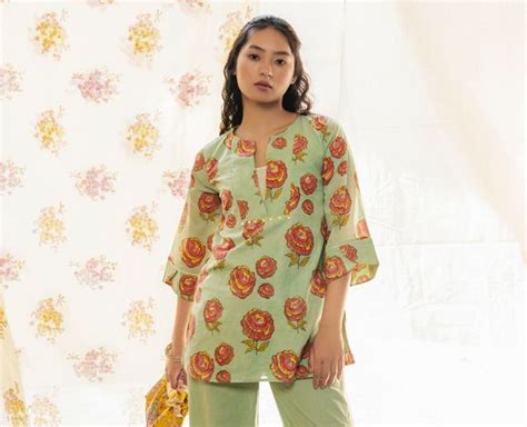 Green Hand Block Printed Cotton Short Kurta