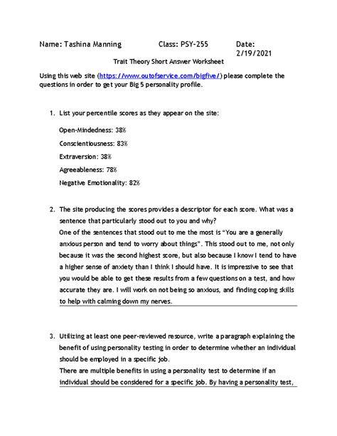 Manning Tashina PSY-255-Trait-Theory-Short-Answer-Worksheet - Name ...