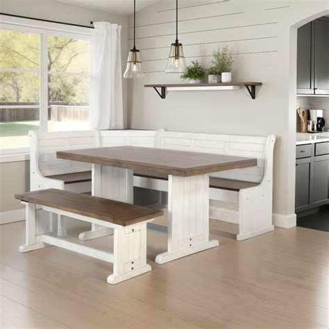Benjara Sime 4pc Corner Breakfast Nook Set | Farmhouse White Brown ...
