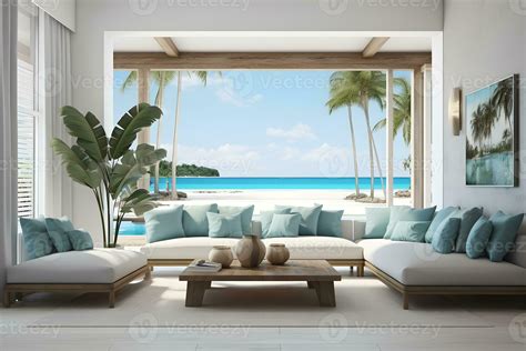 Sea view living room with comfortable sofa, white wall, tropical plants ...