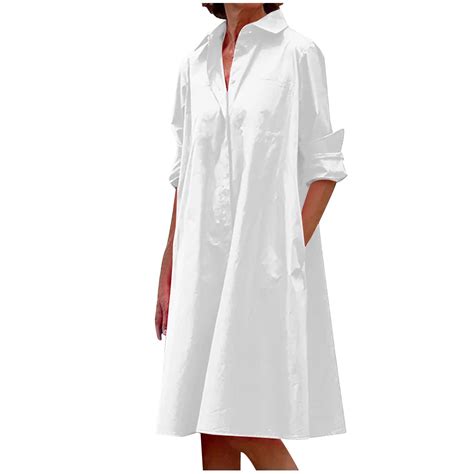 VSSSJ Womens Long Sleeve Shirt Dresses Turndown Collar Solid Color ...