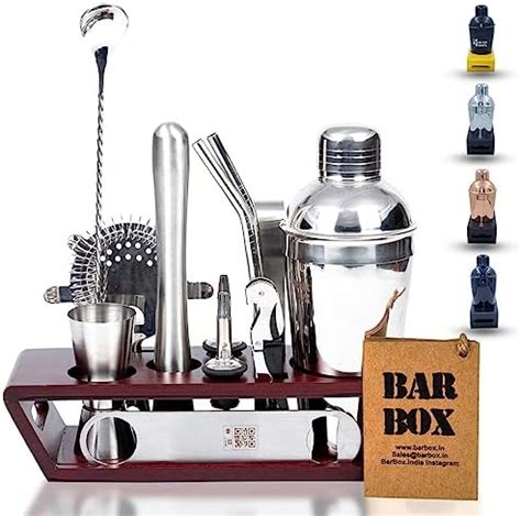 Buy Bar Box 19-Piece Cocktail Shaker Set with Rustic Wood Stand ...