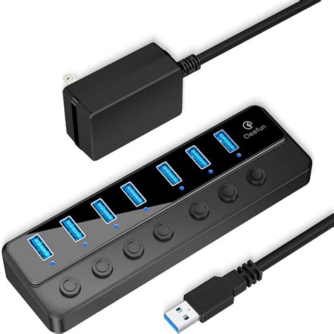 Qeefun Powered USB Hub, 7-Port USB 3.0 Hub, USB Extender USB Port ...